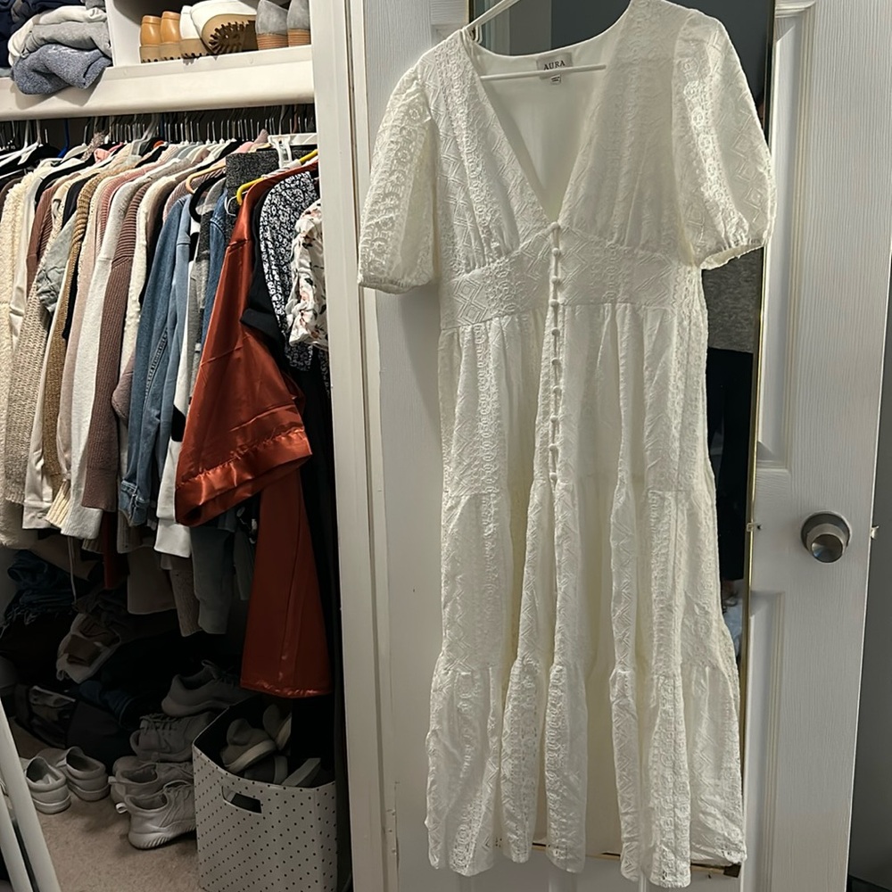 Midi white lace dress with buttons down the front